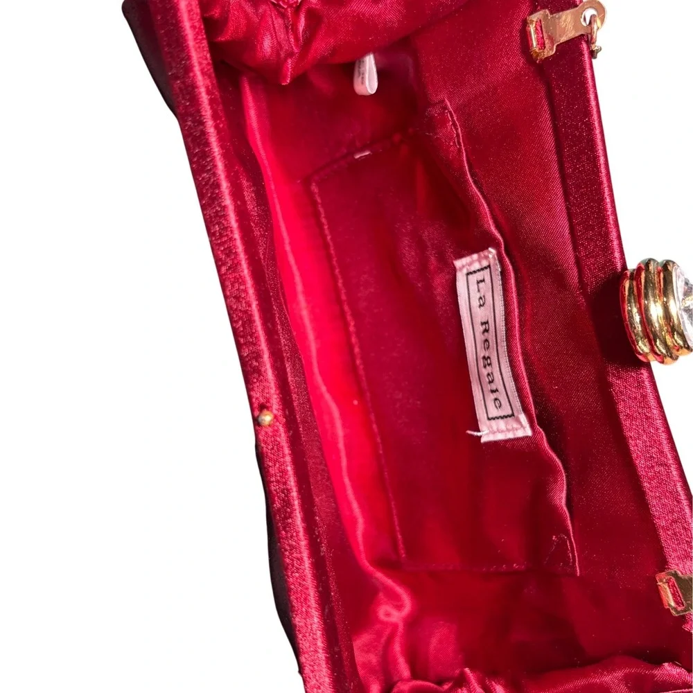 La Regale Evening Clutch Women Small Red Satin Jewel Kiss Lock Chain Strap